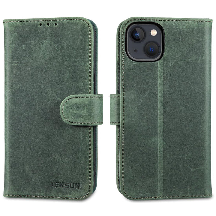 LENSUN Lederhülle für iPhone 13, Echtleder Handyhülle [Wallet Fach][RFID Schutz][Echtes Leder] Hülle