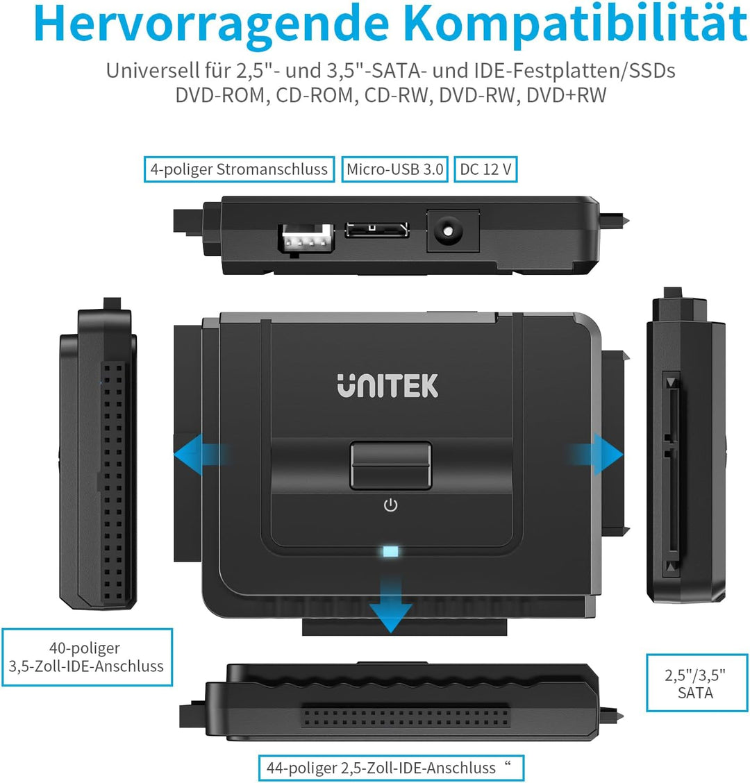 UNITEK USB 3.0 zu IDE SATA Konverter Externer Festplattenadapter für 2.5/3.5 Zoll HDD SSD Festplatte