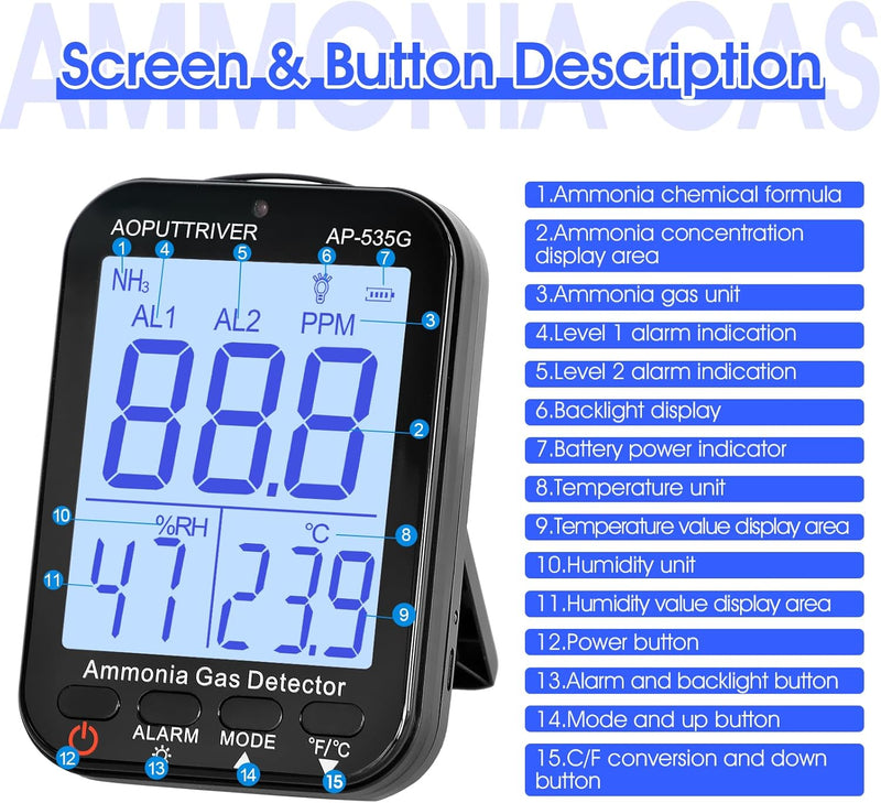 Formaldehyddetektor Ammoniak Gas Detektor, NH3 Gas Monitor Sensor Bereich 0-100ppm Wiederaufladbare