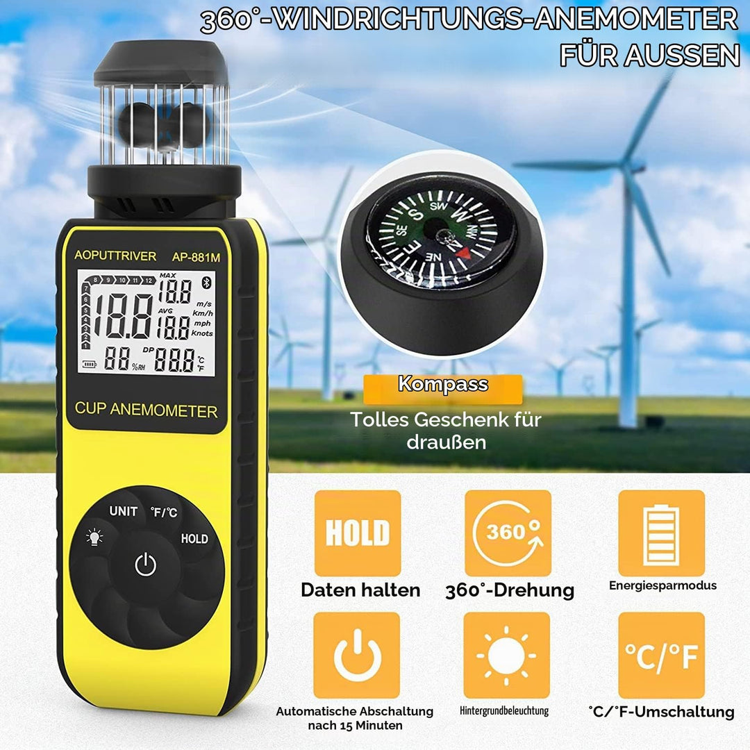 Digitaler Anemometer Handheld AP-881M Windmesser Anemometer mit 360°Windrichtung Wind Cup Anemometer