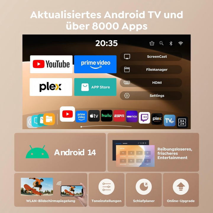 Mini Beamer 4K Unterstützt [Android 14 &amp; App Steuerung] WiFi 6 BT 5.4 | 270° Dreh Smart Beamer Klein