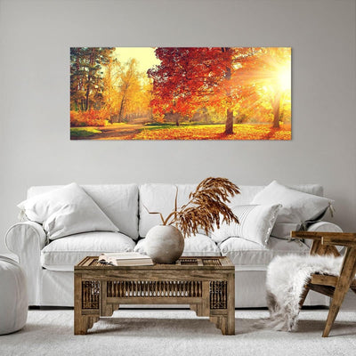 Wandbilder Dekoration Wohnzimmer Park Herbst Baum Panorama Bilder auf Leinwand 120x50cm Leinwandbild