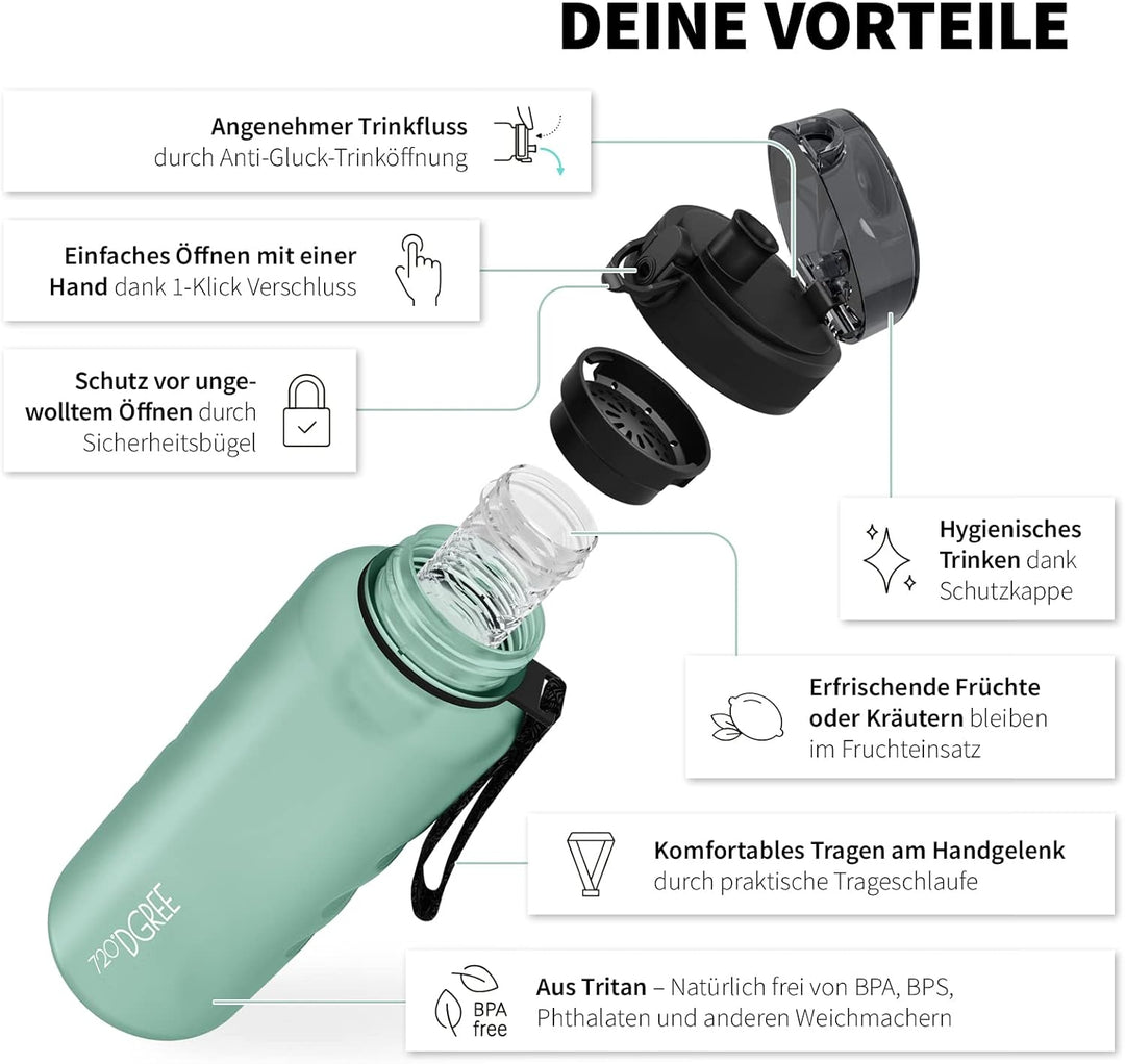 720°DGREE Trinkflasche “uberBottle“ 350ml, 500ml, 650ml, 1l softTouch +Früchtebehälter - Auslaufsich