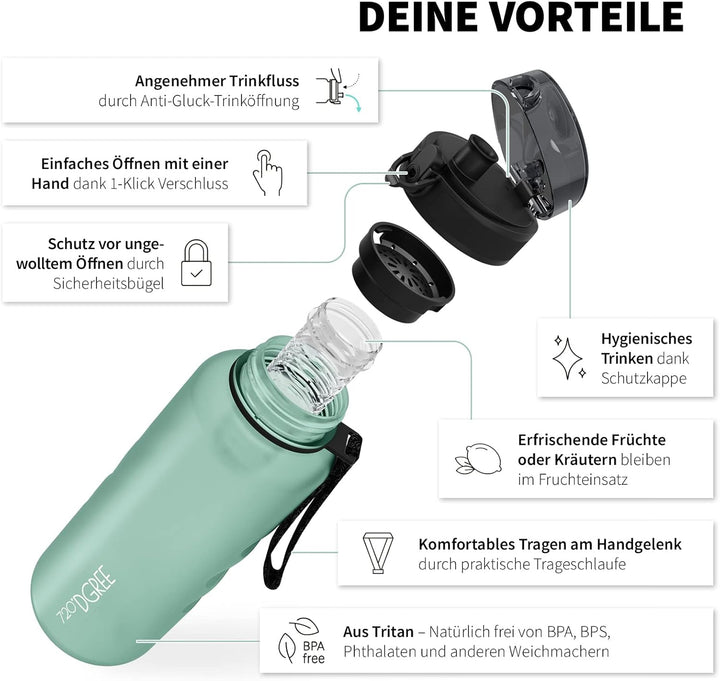 720°DGREE Trinkflasche “uberBottle“ 350ml, 500ml, 650ml, 1l softTouch +Früchtebehälter - Auslaufsich