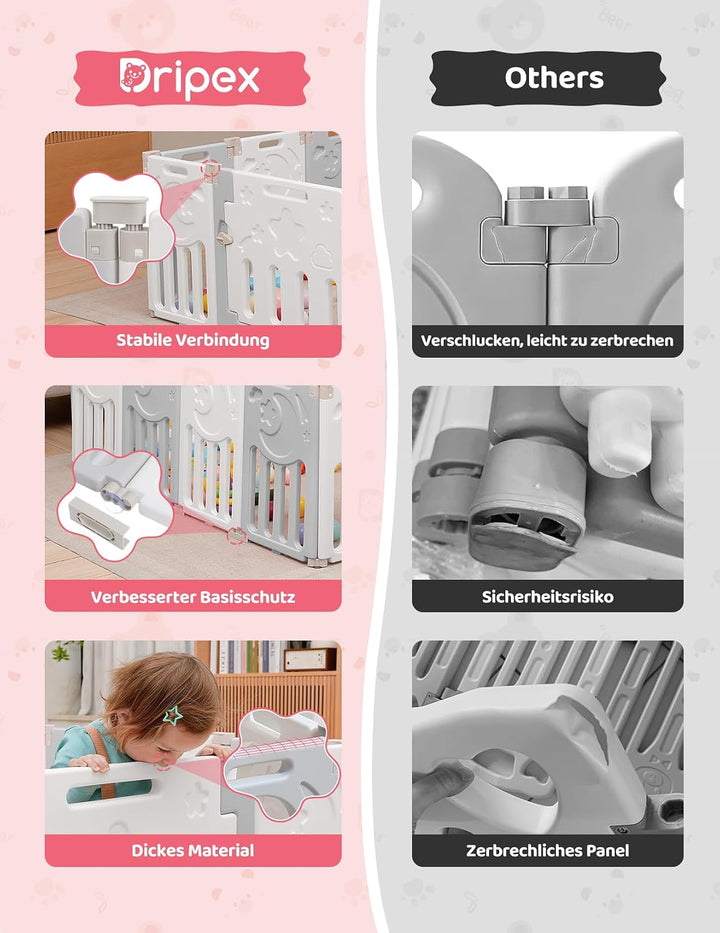 Dripex Laufgitter Baby Laufstall Faltbar mit Verbesserten Schrauben Rutschfeste Saugnäpfe Kunststoff