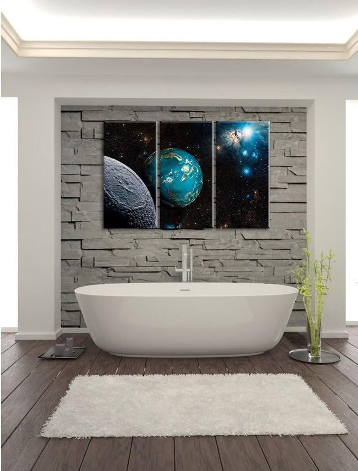 Pixxprint Planet Erde im Kosmos als Leinwandbild | Grösse: 3 Teilig (120x80) | Wandbild| Kunstdruck
