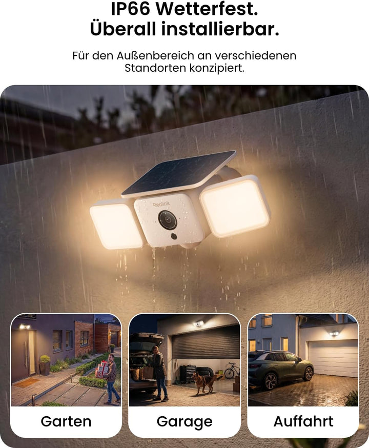 Reolink 2K Überwachungskamera Aussen Solar Akku, 150°Ansicht, bis zu 1000 lm Licht & Sirenenalarm, K
