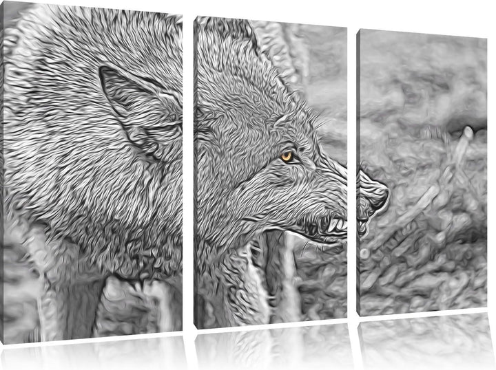 knurrender Wolf schwarz/weiss Deluxe 3-Teiler Leinwandbild 120x80 Bild auf Leinwand, XXL riesige Bil