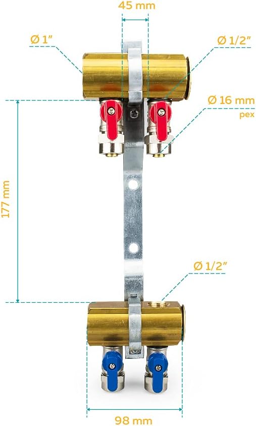 Messing Heizkreisverteiler 2 Heizkreise Set mit 4 x PEX Kugelhahn mit Klemmring 16mm x 1/2" AG & 2 x