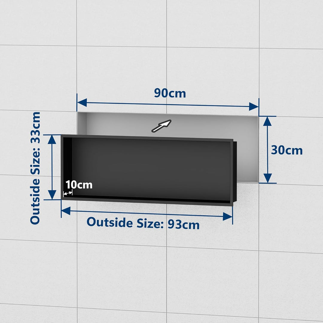 Neodrain Wandnische Dusche 90 x 30cm 304 Edelstahl Duschnische Schwarz Einbaunische Lagerung für Bad