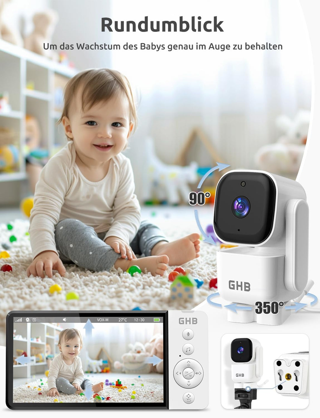 GHB Babyphone mit Kamera 5 Zoll 720P HD Display mit bis zu 168h Akkulaufzeit im VOX Bewegungserkennu