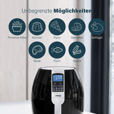 Princess Heissluftfritteuse mit 3,2 Liter, Digitalem Display, 8 Programme, 1500 Watt, Ohne Öl, Air F