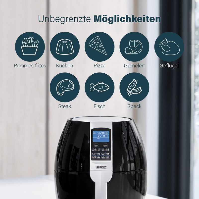 Princess Heissluftfritteuse mit 3,2 Liter, Digitalem Display, 8 Programme, 1500 Watt, Ohne Öl, Air F