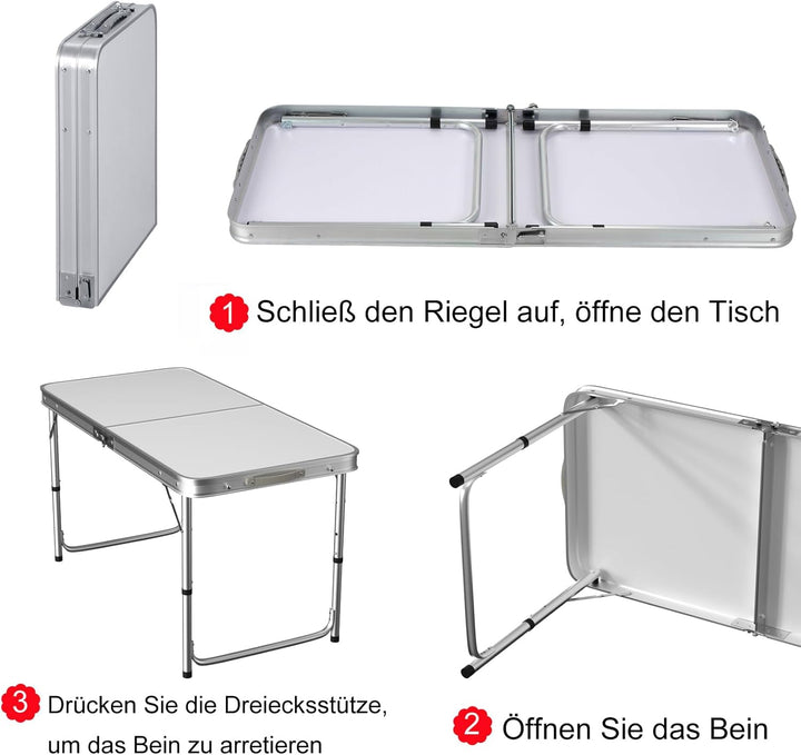 Campingtisch Klapptisch 120x60cm Höhenverstellbar 55/62/70cm, Leicht & Kompakt Klapptisch mit Alumin