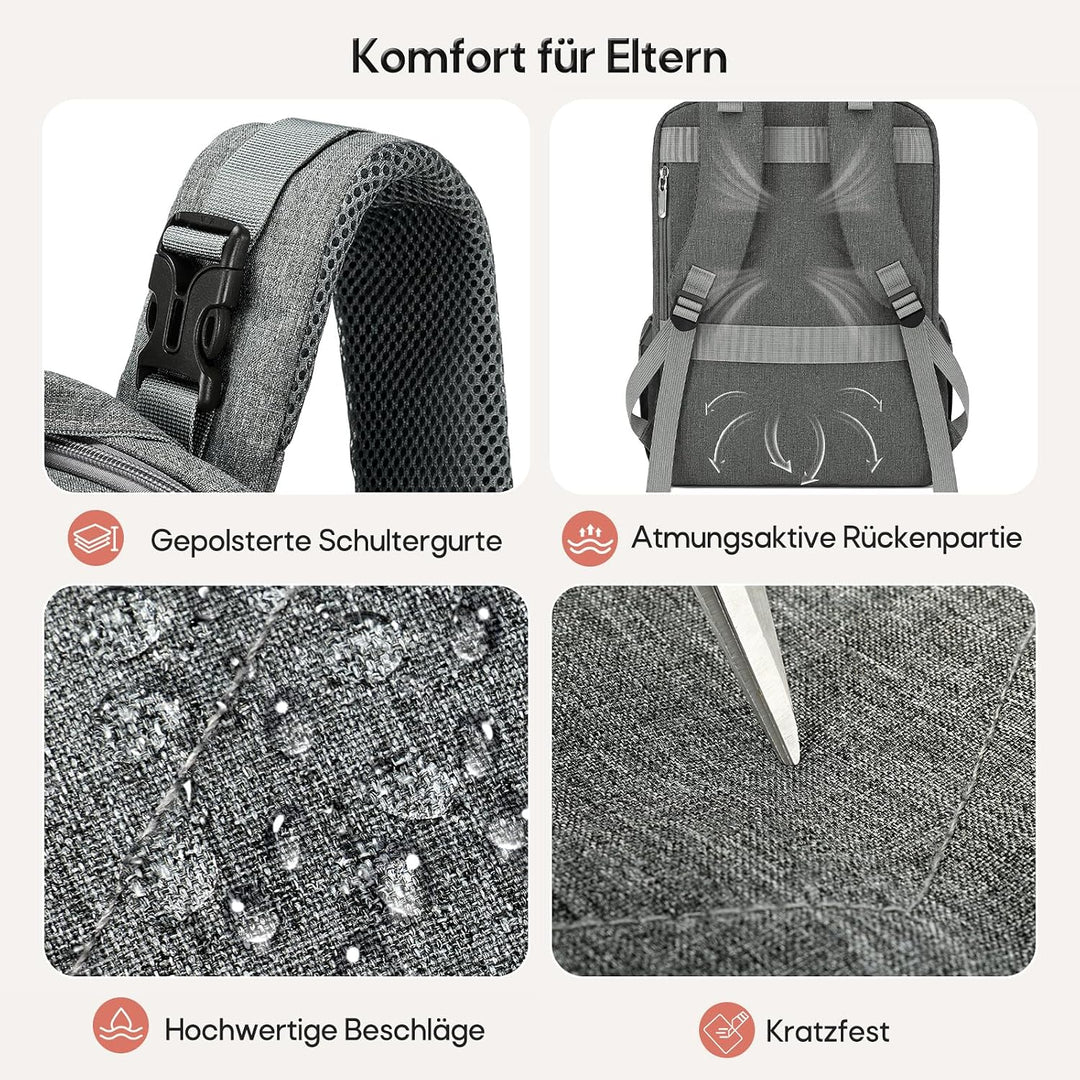 RAINSMORE Wickelrucksack Gross Baby Wickeltasche mit Wickelunterlage Grau | Wasserdichte Wickeltasch