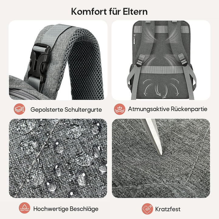 RAINSMORE Wickelrucksack Gross Baby Wickeltasche mit Wickelunterlage Grau | Wasserdichte Wickeltasch