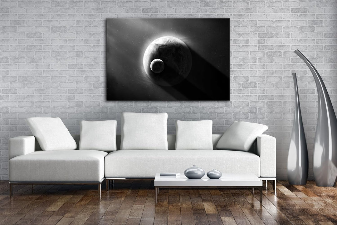 deyoli Dark Planet Erde mit Mond Effekt: Schwarz/Weiss Format: 80x60 als Leinwandbild, Motiv fertig