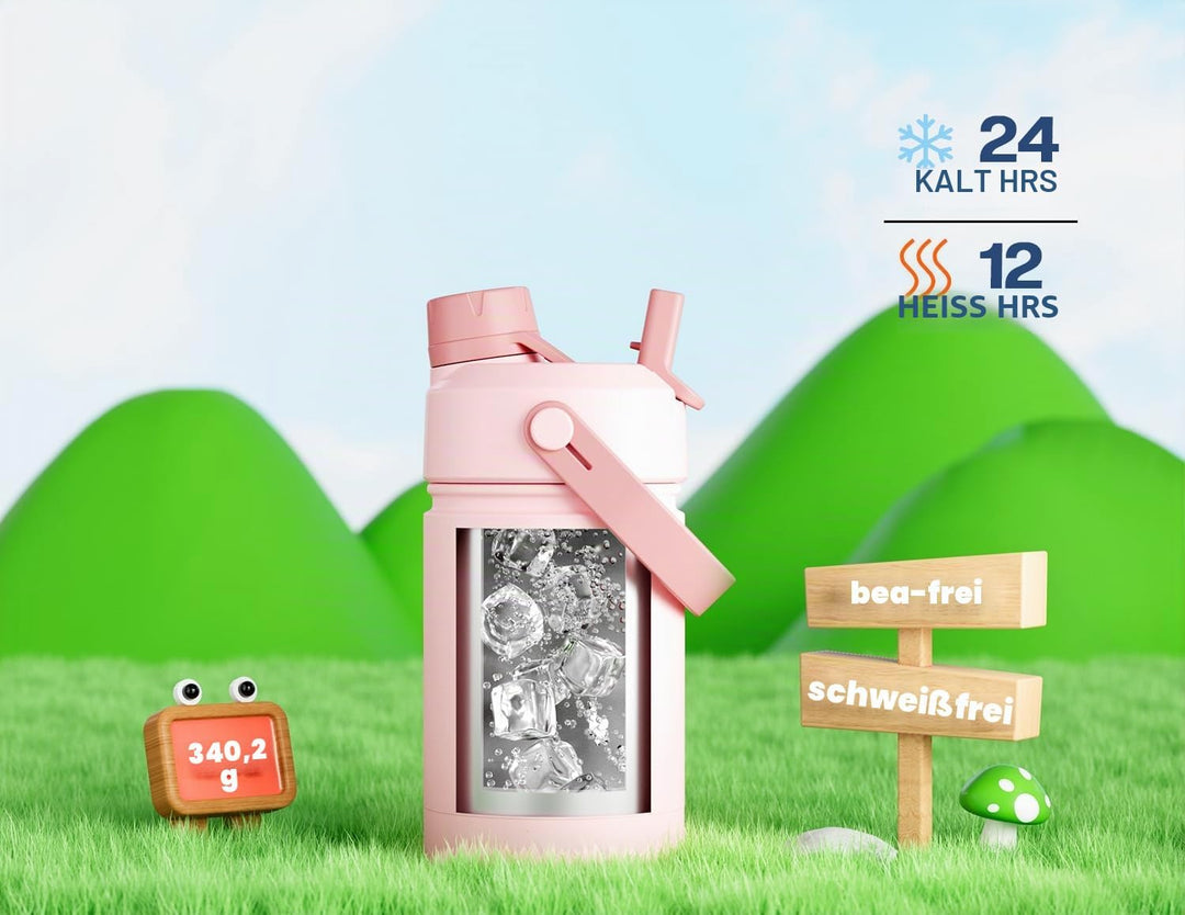 POWCAN Kinder Edelstahl Trinkflasche, Auslaufsicher, 2-in-1 Deckel, 355ml Cotton Candy 355 ml, Cotto