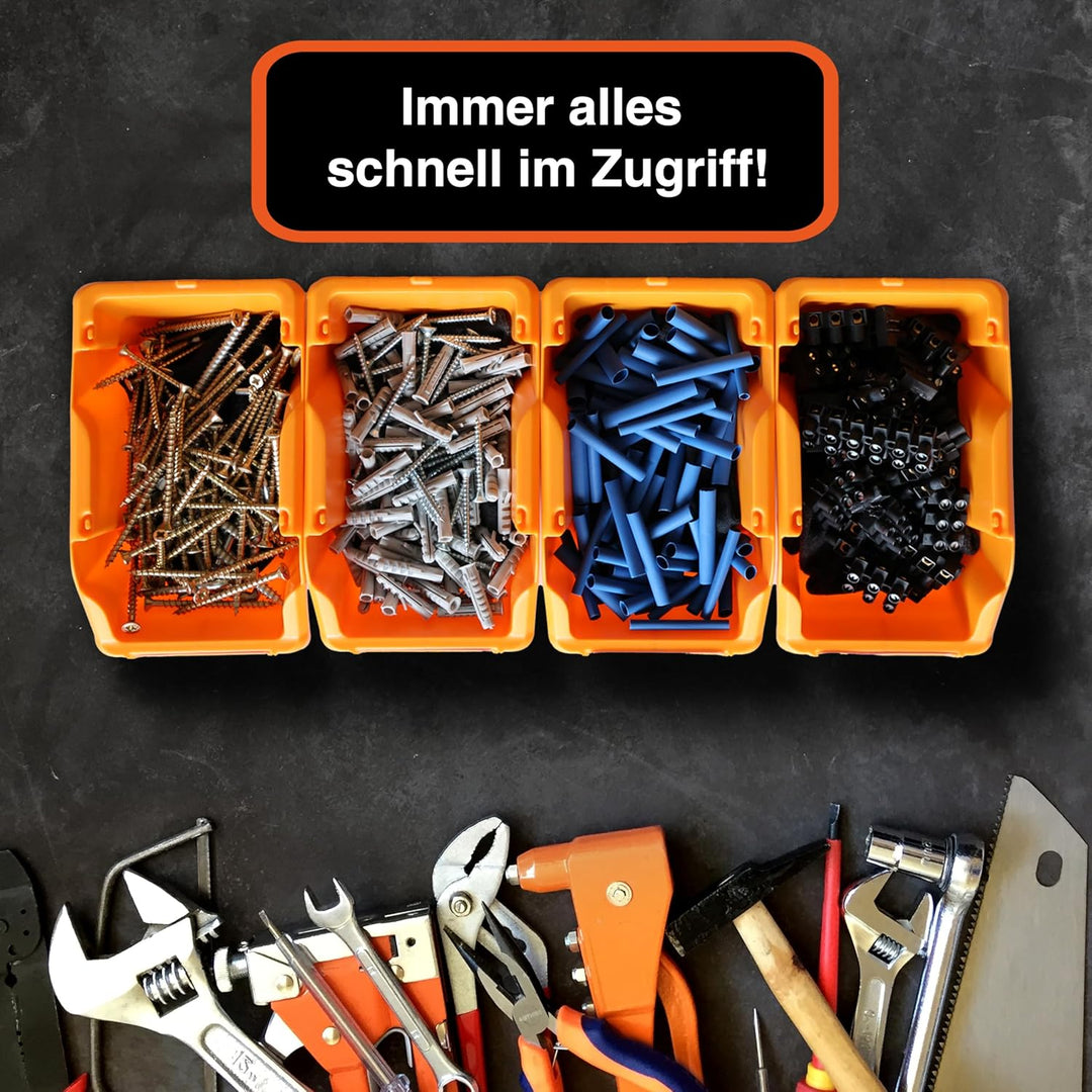 YPC Stapelboxen Set - Orange 8 Stück - Sichtlagerboxen 16x9x7cm mit Wandhalterung für Werkstatt & Ga