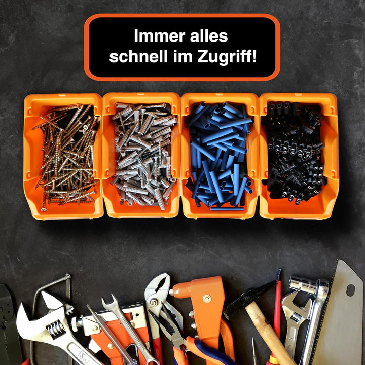 YPC Stapelboxen Set - Orange 8 Stück - Sichtlagerboxen 16x9x7cm mit Wandhalterung für Werkstatt & Ga