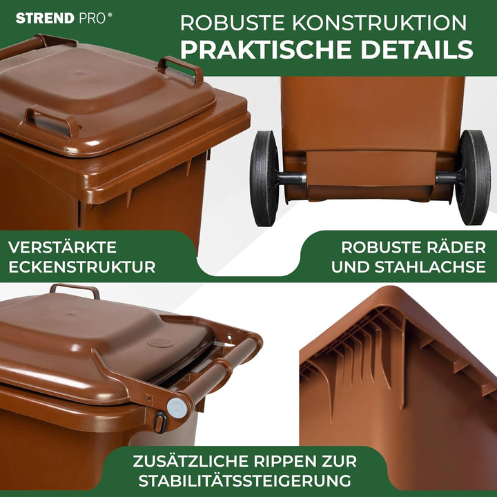 Strend Pro Mülltonne mit 120L Braun | Grosse Tonne Deckel & Rädern | Mülltonnen für Bioabfall & Gart