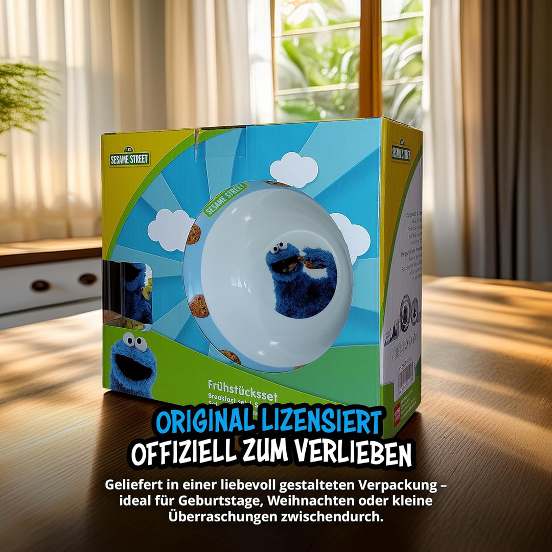 United Labels Krümelmonster Frühstücksset Kinder, mit Krümelmonster und Keksen, Geschirr Set Porzell