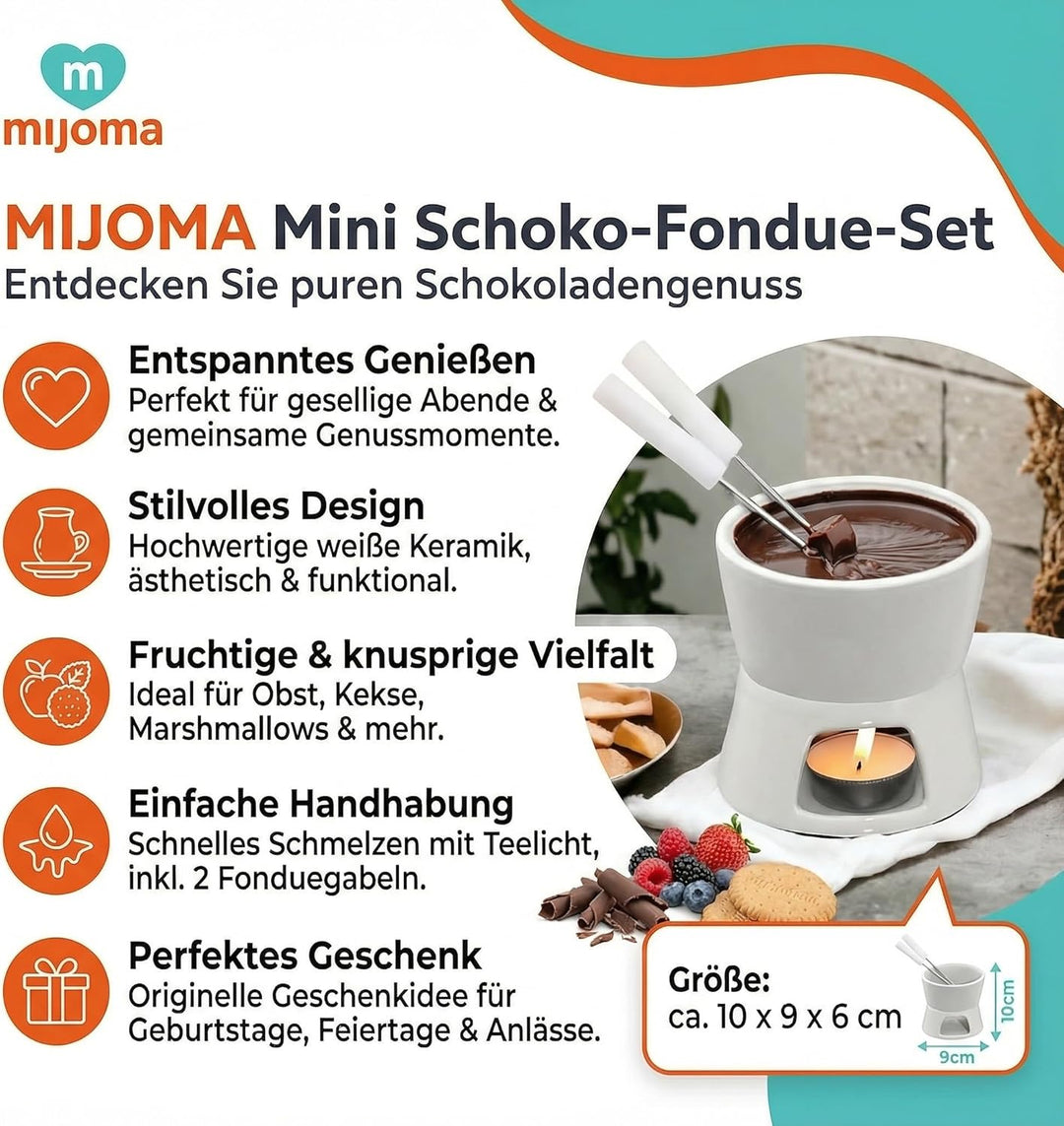 MIJOMA Mini Schoko-Fondue-Set - Entdecken Sie puren Schokoladengenuss - Trendiges & stilvolles Desig