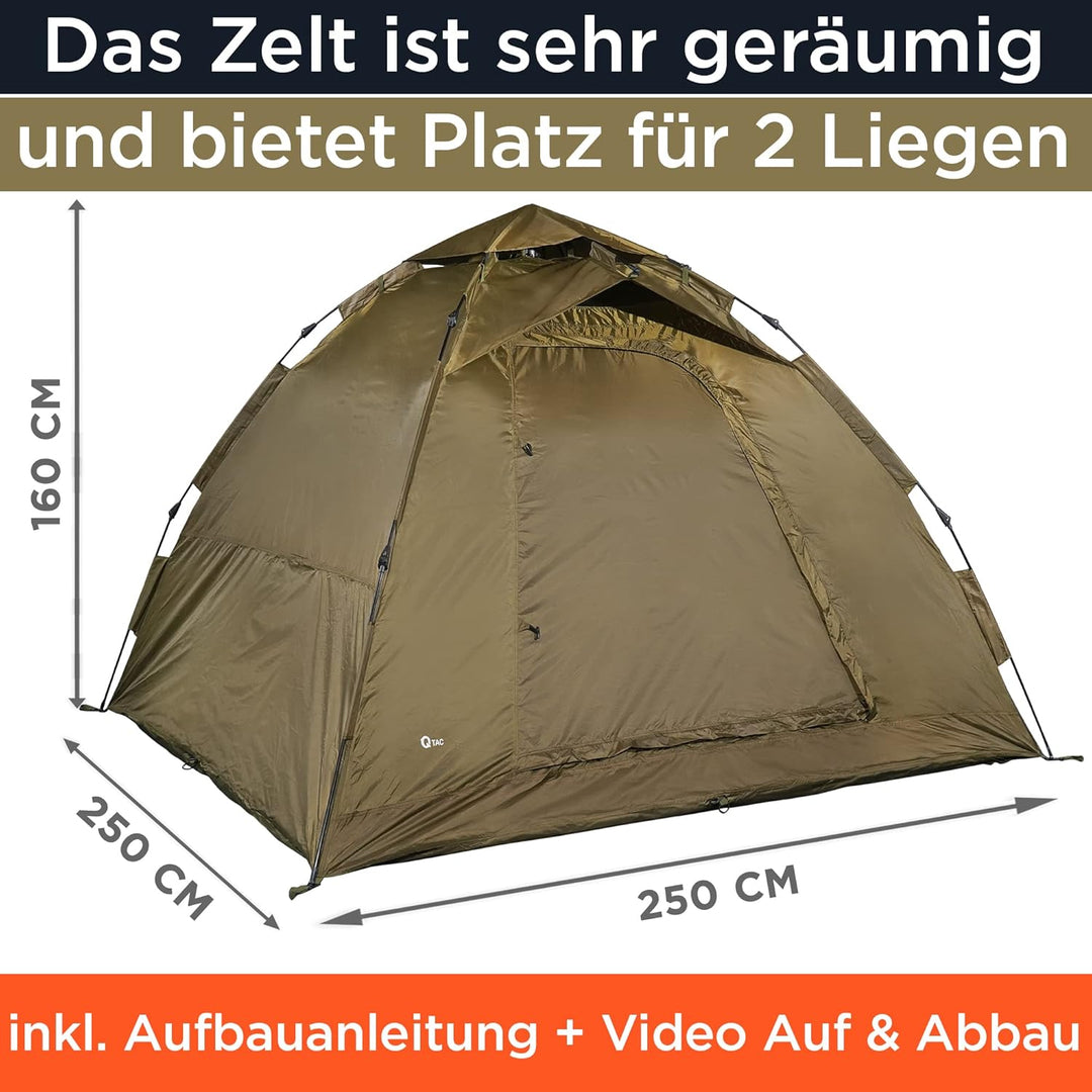 Q-Tac Ruck Zuck Bivvy Angelzelt 2 Mann [DAS ORIGINAL] Karpfenzelt mit herausnehmbarer Bodenplane, An