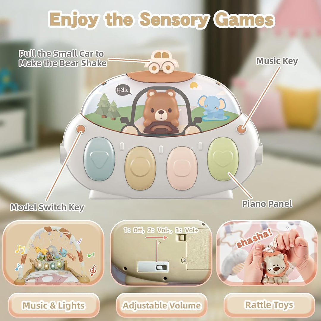 Spielbogen Baby 0-6 Monate, Spielmatte Baby mit Einstellbare Klaviermusik und Rasseln, Lauf- und Akt