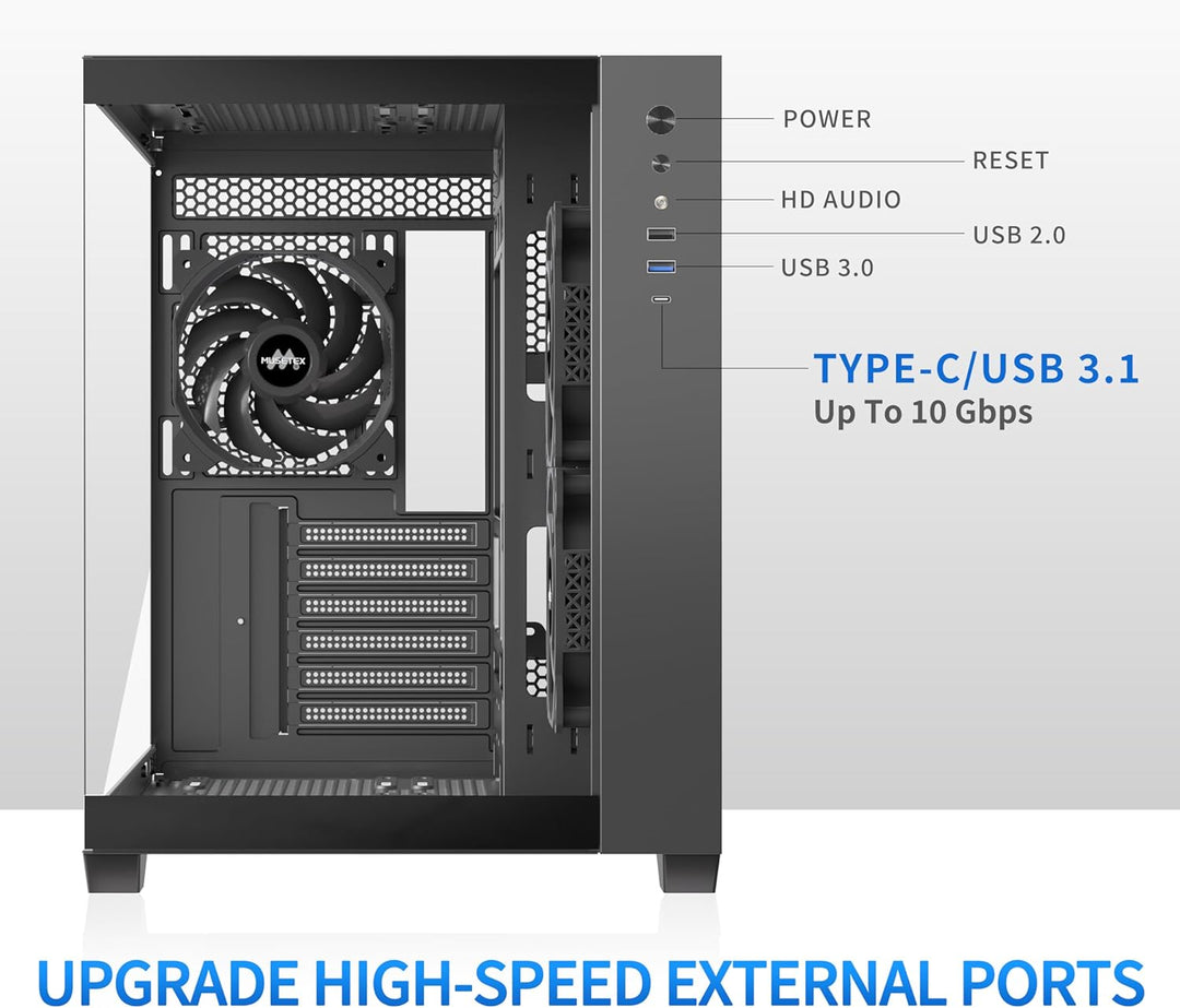 MUSETEX PC Gehäuse ATX, 3 Non-LED Lüfter vorinstalliert Gaming PC Gehäuse, 270° Full-View Tempered G