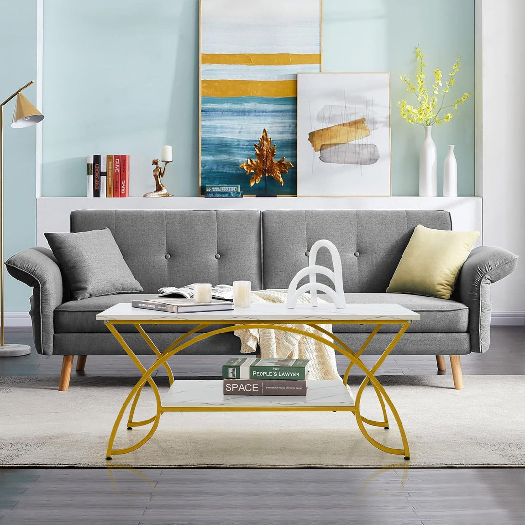 COSTWAY Couchtisch Marmor Optik, Kaffeetisch mit Ablage und Metallgestell, Wohnzimmertisch, Beistell