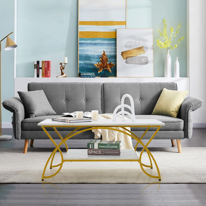COSTWAY Couchtisch Marmor Optik, Kaffeetisch mit Ablage und Metallgestell, Wohnzimmertisch, Beistell