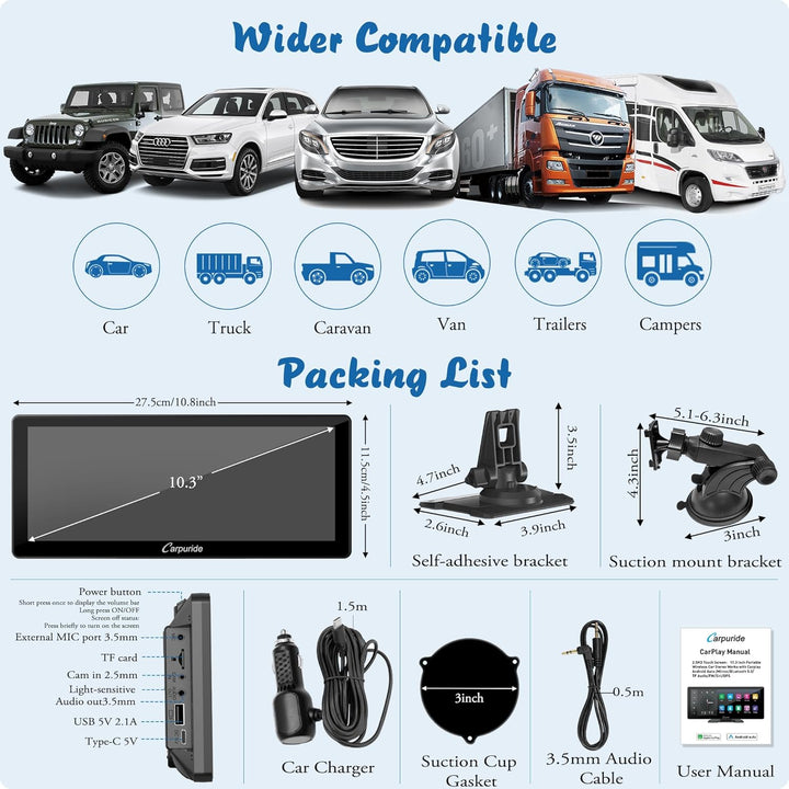 Carpuride W103 Pro Drahtloser Bluetooth Übertragung Tragbarer Apple Carplay &amp; Andorid Auto Autoradio