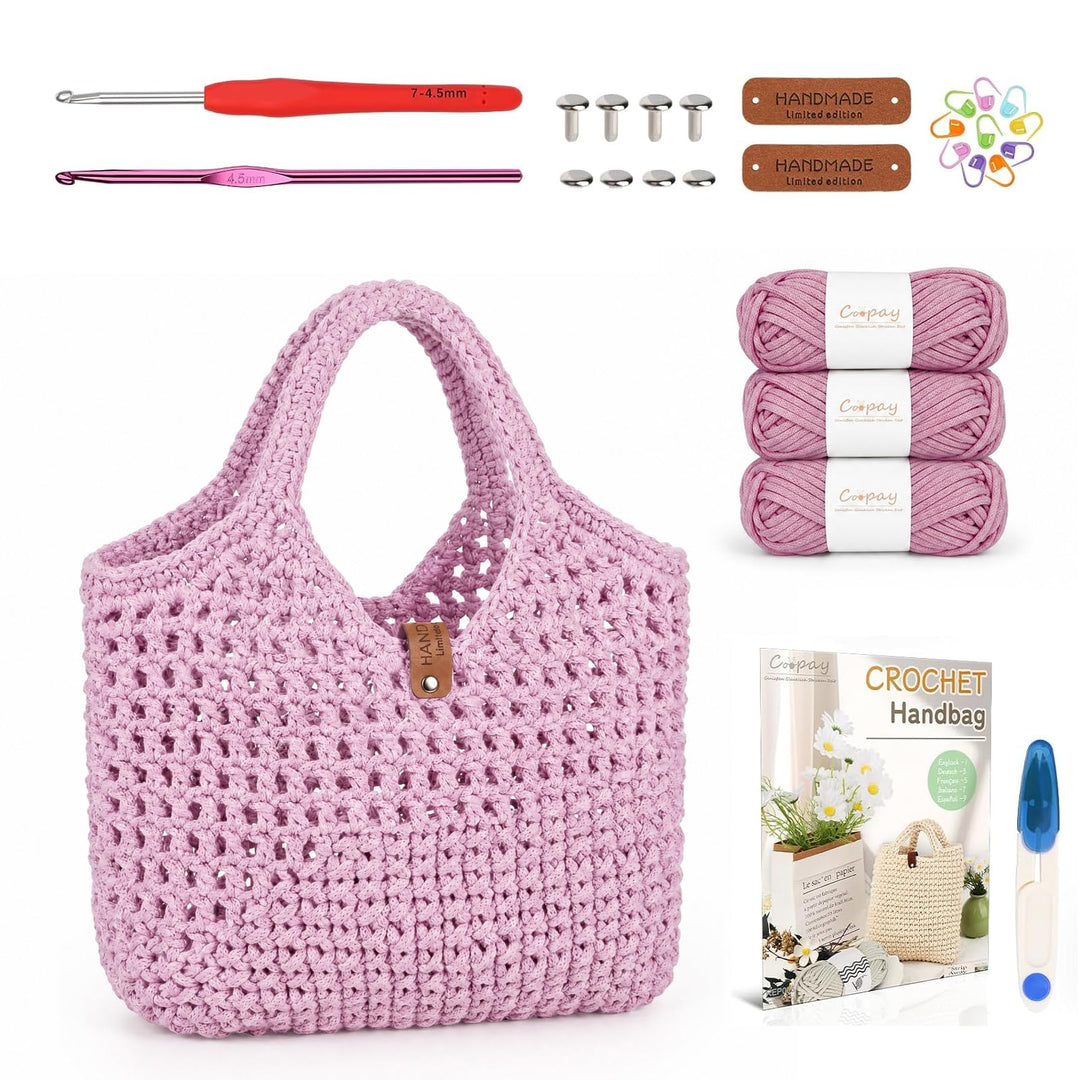 BOUFEIDA Häkelset für Anfänger Häkeltasche, Häkelset Tasche mit Häkelnadel 4,5mm, Anleitung, Ergonom