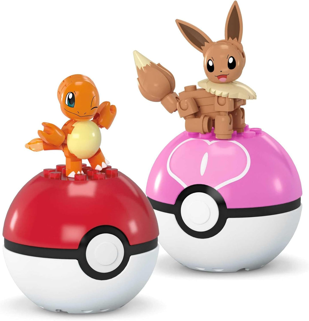 MEGA Pokémon Actionfigur Bauspielzeug-Set, Pokéball 2er-Pack, Glumanda und Evoli mit 40 Teilen, für