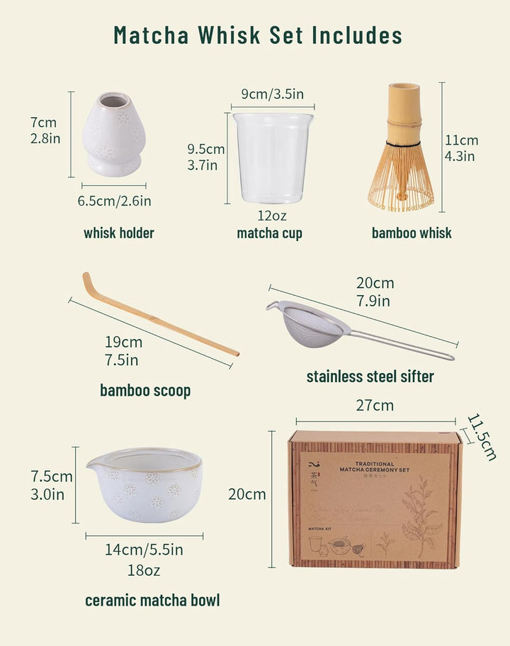 Matcha Set 6-teilig, Japanisches Matcha Schale Set mit Besen (Chasen), Halter, Edelstahl Sieb, Dosie