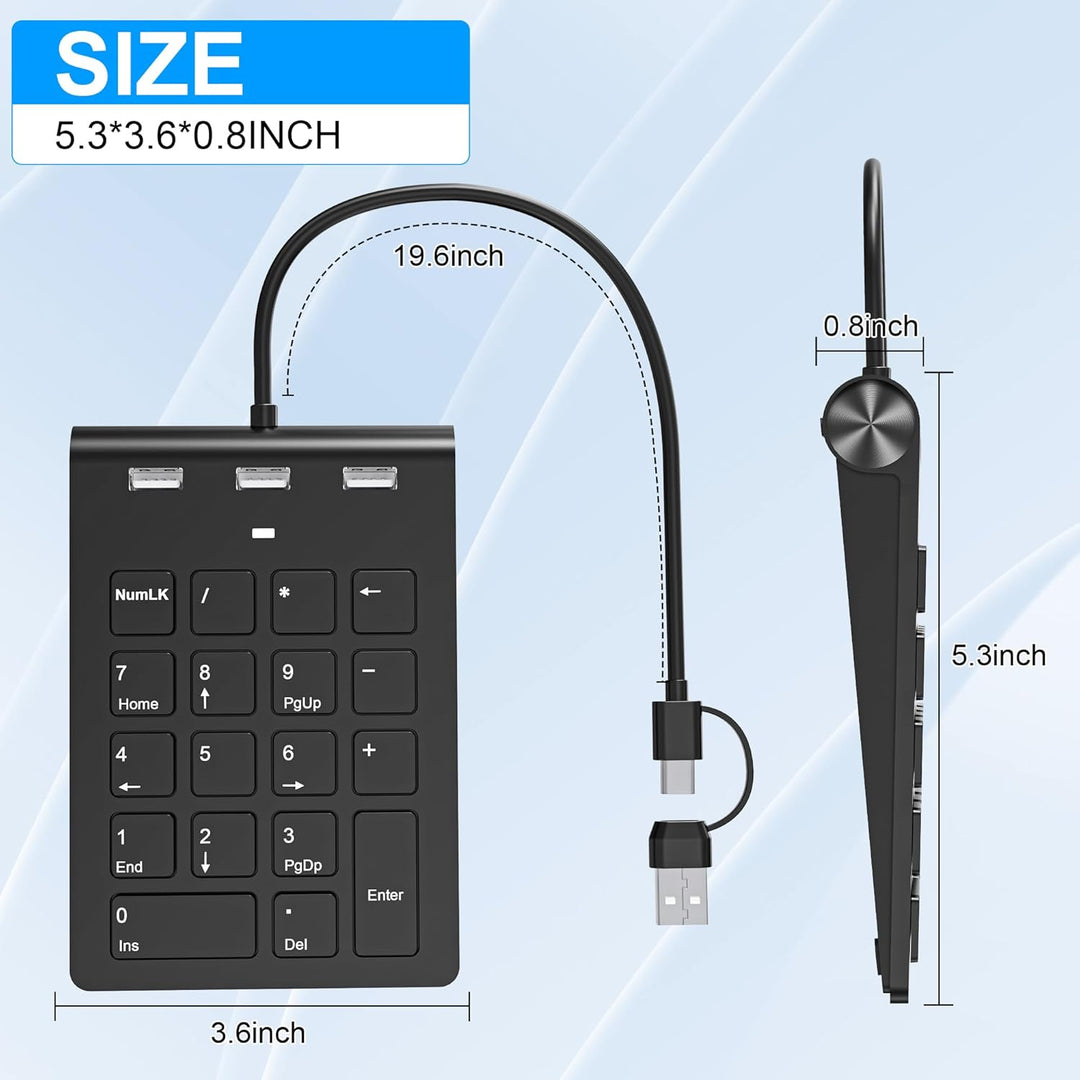 Numeric Keypad Wired Numpad, USB A/USB C Ziffernblock Ergonomischer Mini Nummernblock mit 3 USB 2.0