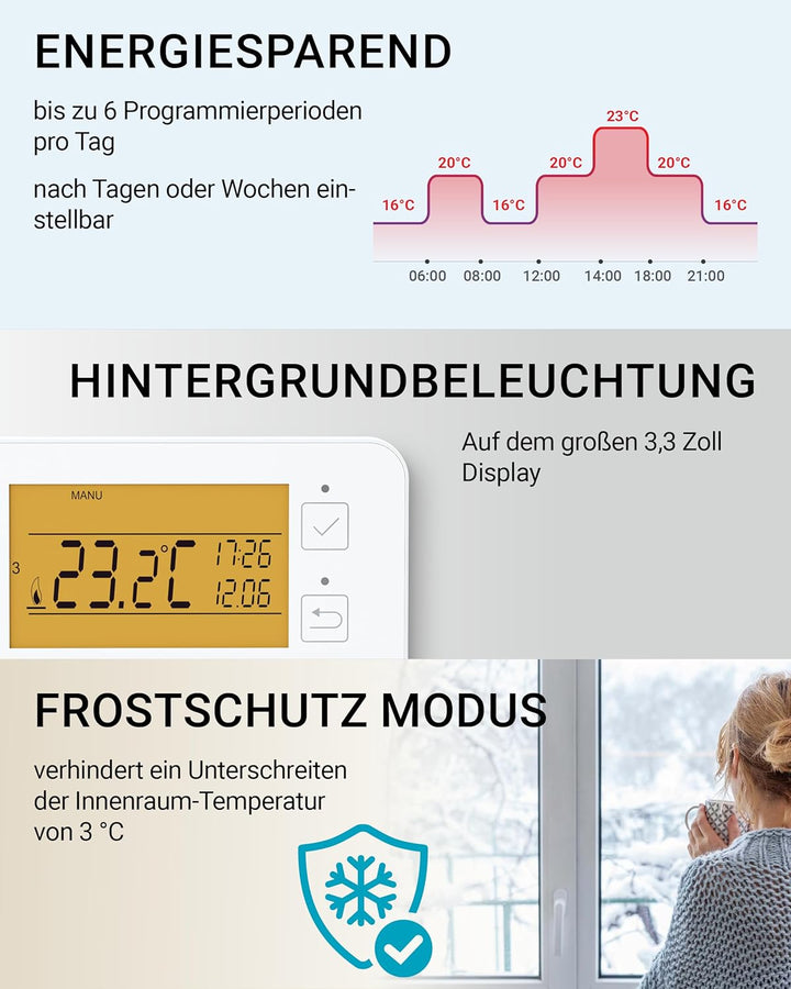 ELEKTROBOCK PT23 - Programmierbares Wandthermostat mit Touch-Tasten - 𝑳𝓐𝑵𝐆𝑳𝜠𝓑𝑰𝐆 - Grosses beleuchtet