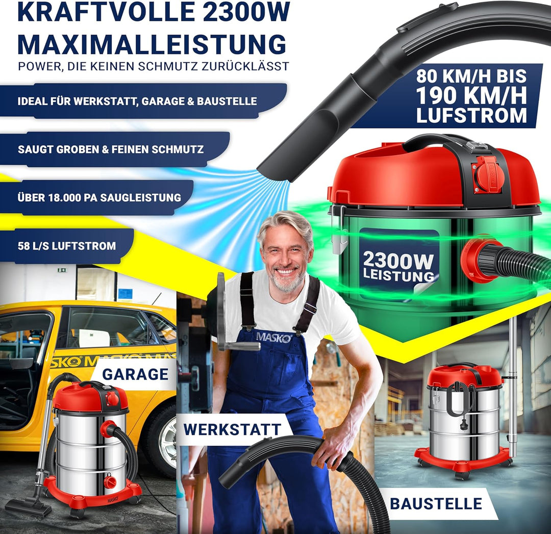 Masko® Industriestaubsauger Staubsauger Nass Trocken Sauger Edelstahl 2300W + Steckdose | Blasfunkti