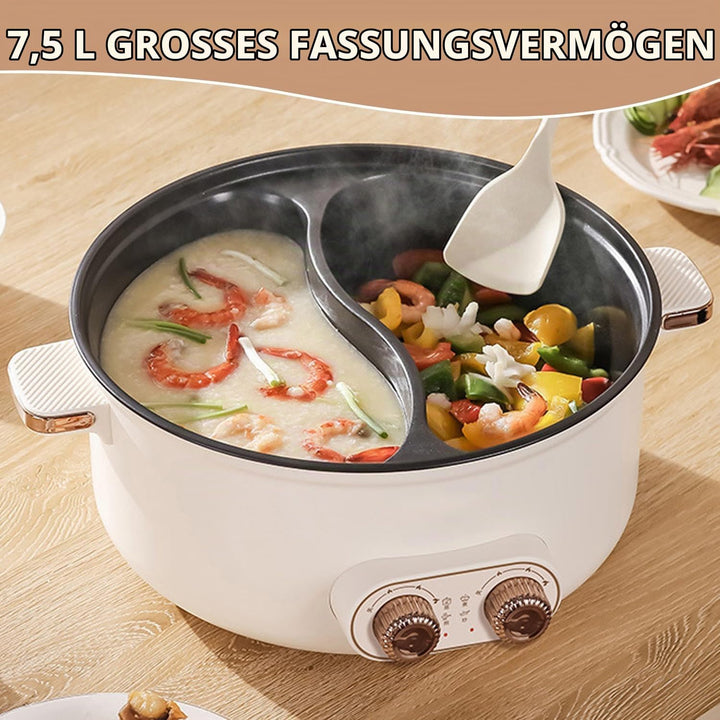 Hot Pot Elektrisch, 7.5L Doppelter Topf mit Zwei Reglern, 1600W Elektrischer Kochtopf mit Trennwand