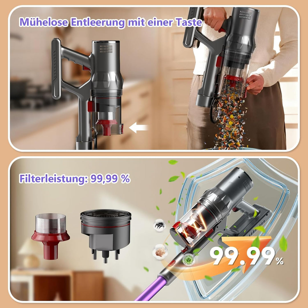 Hearten 4-in-1 Akku Staubsauger Kabellos mit LED Display und Anti-Wickel-Bürste, One-Touch-Bedienung