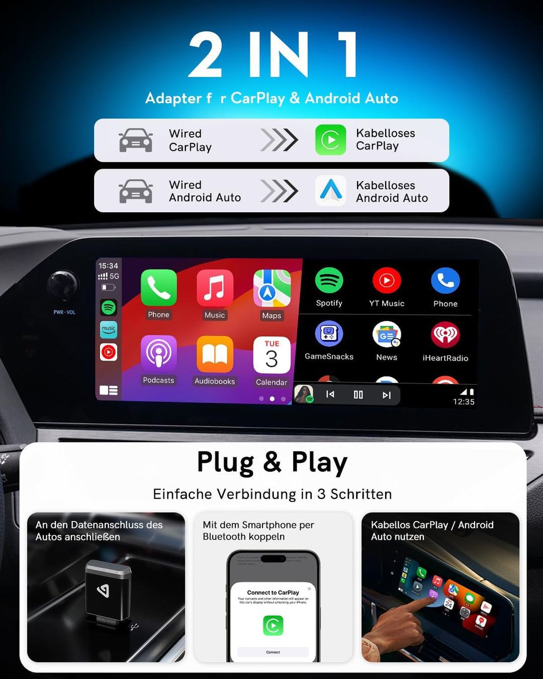 Wireless Carplay Adapter, 2 in 1 Android Auto&Carplay Wireless Adapter, Upgrade von Wired CarPlay au