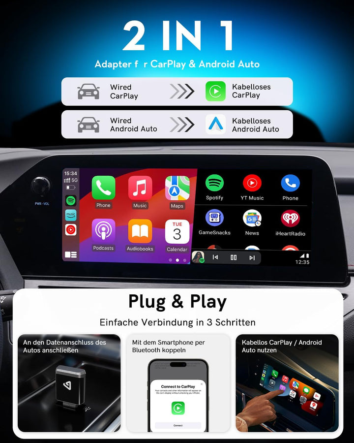 Wireless Carplay Adapter, 2 in 1 Android Auto&Carplay Wireless Adapter, Upgrade von Wired CarPlay au