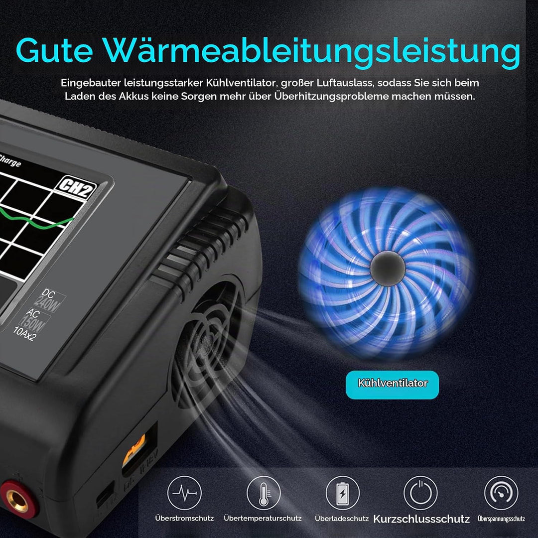 Haisito LiPo Ladegerät, Touchscreen Dual Balance Ladegerät Entlader AC 150W DC 240W 10A für Li-Ionen