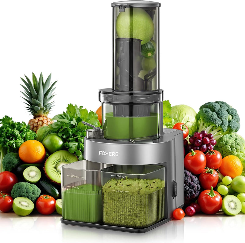 FOHERE Slow Juicer Entsafter Gemüse und Obst 119MM Öffnun Elektrische Kaltpresse mit Ruhigem 200 Wat