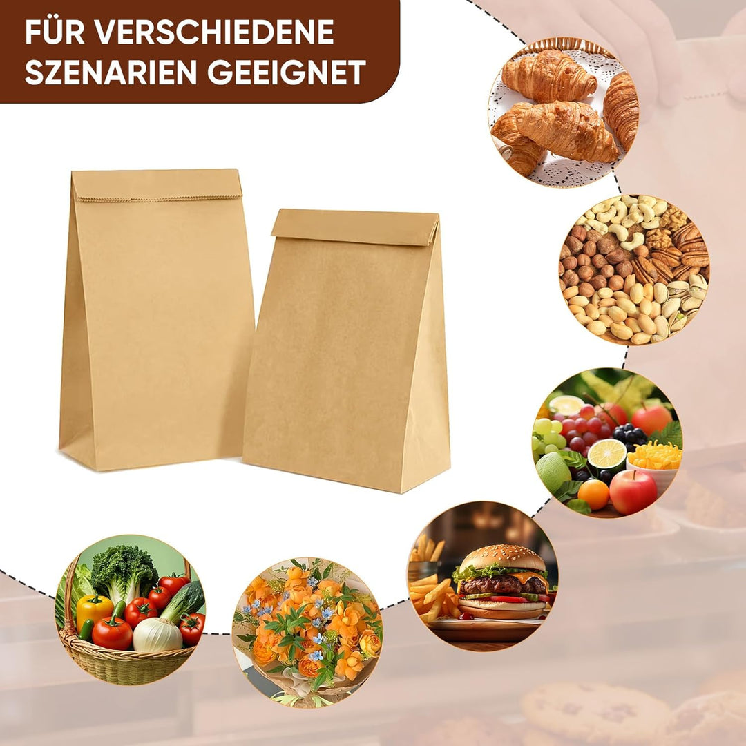 100 Stück Papiertüten Gross 20x12,5x30,5cm Papiertüten Braun Kraftpapier Brotbeutel für Geburtstagsp