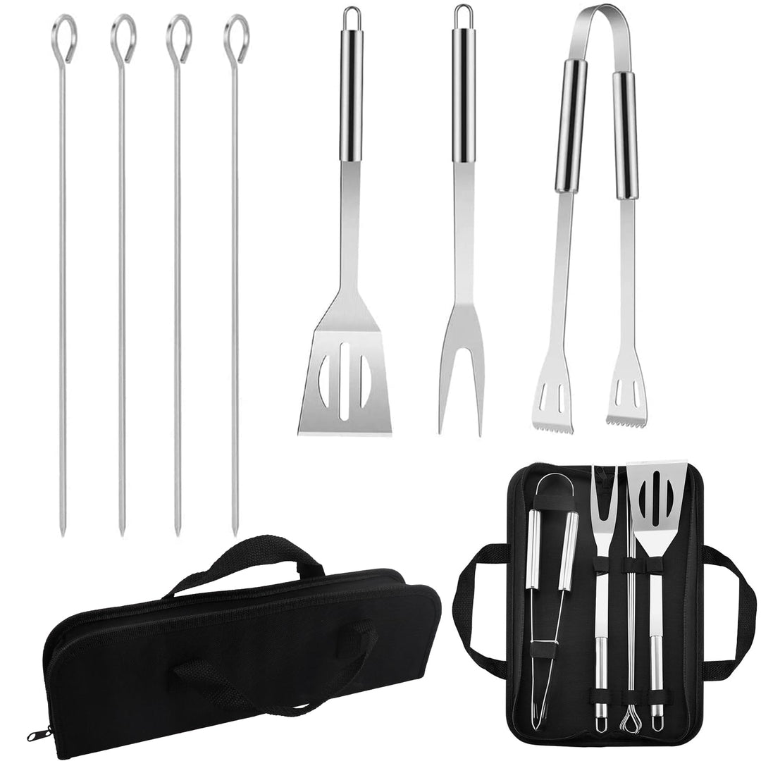 7 Stücke Grillbesteck Set Grillzubehör mit Edelstahl-BBQ-Set (Grillzange, Grillwender, Grillgabel, 4