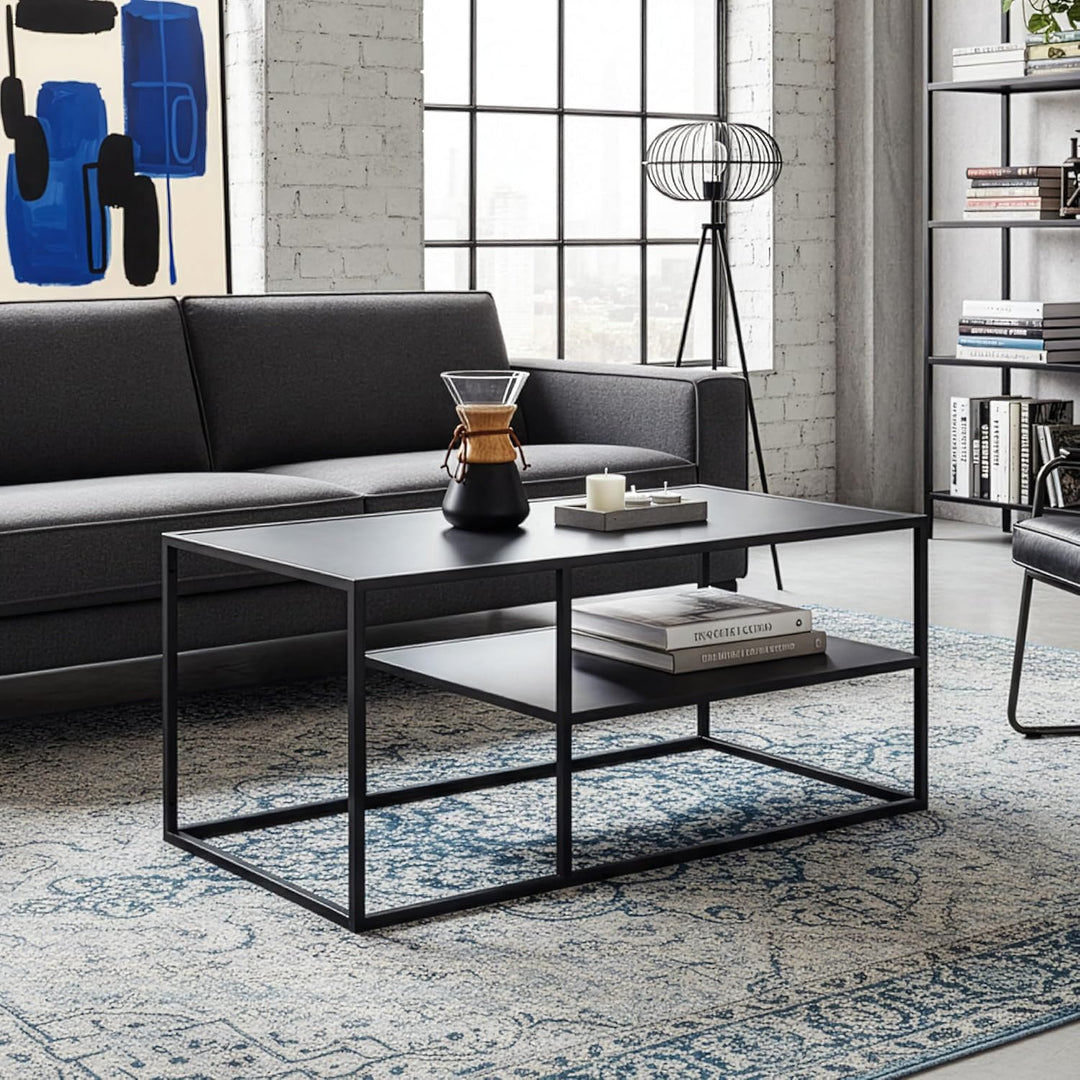 [en.casa] Couchtisch Solund Beistelltisch Metall Schwarz matt Wohnzimmertisch mit Stauraum 45 x 90 x