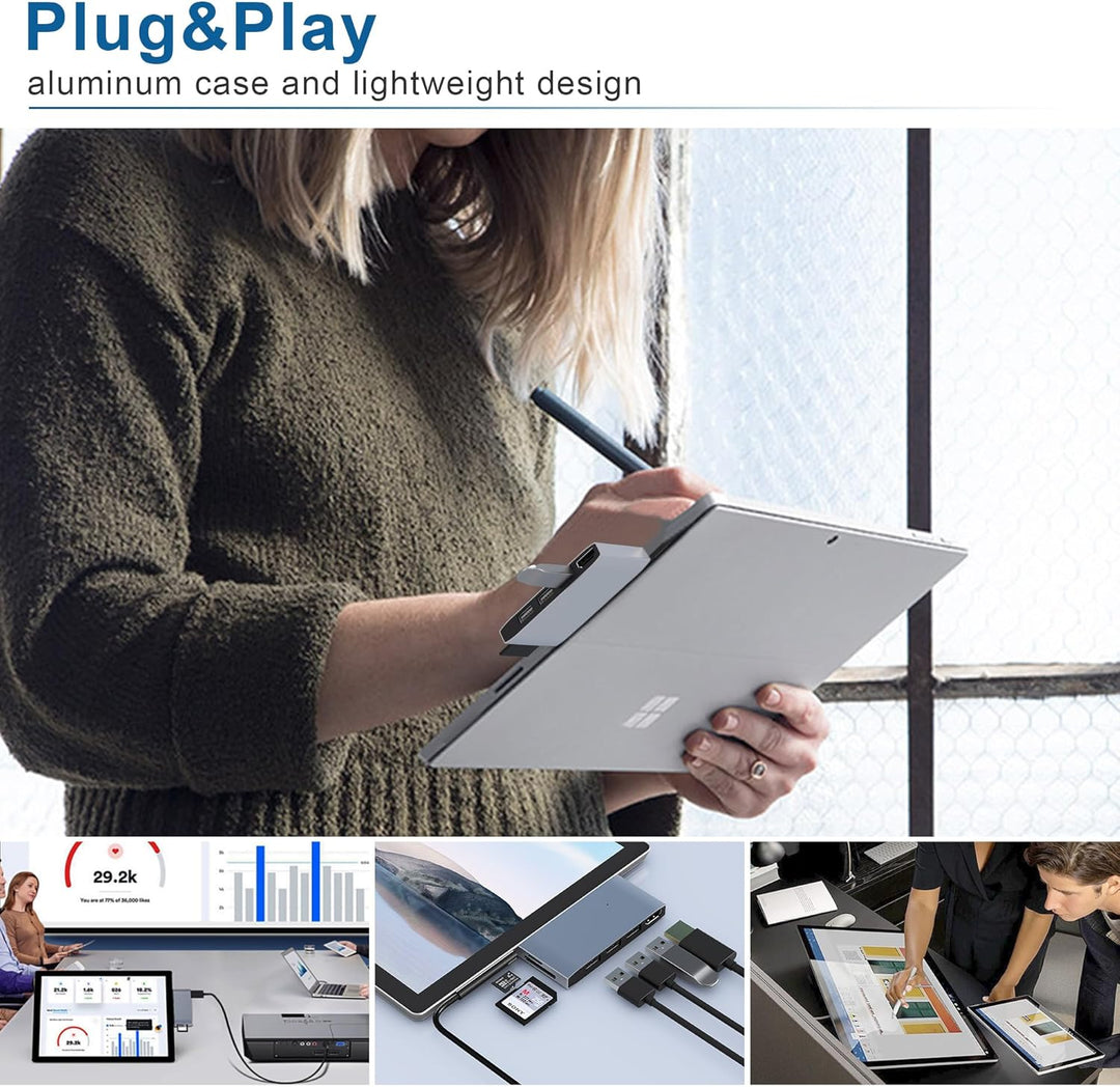 USB Hub Surface Pro 6/5/4 Docking Station Adapter, 6 in 2 Multiport Dock Zubehör mit USB 3.0, 4K HDM