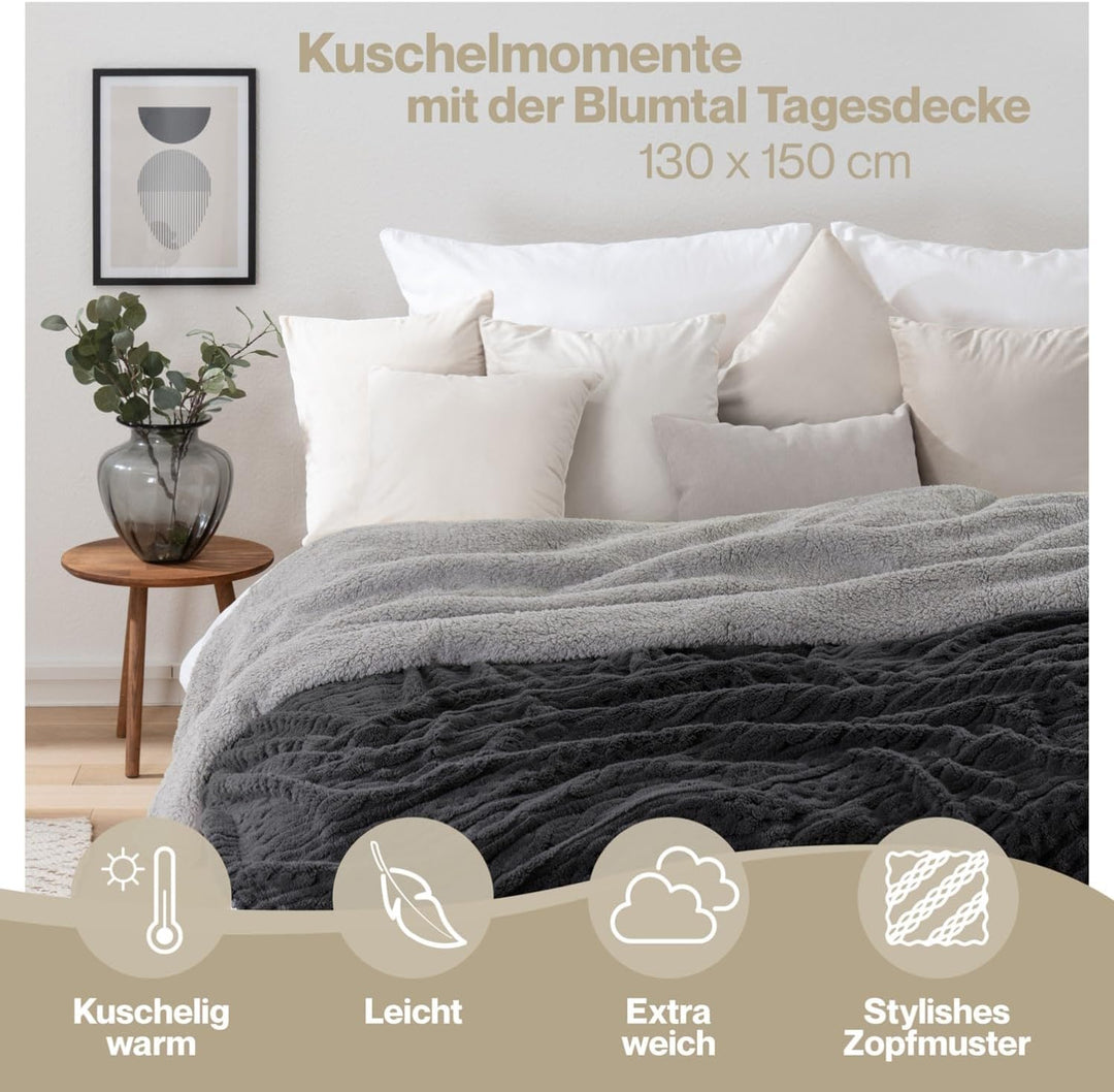 Blumtal Kuscheldecke 130x150 cm mit Zopfstrick-Optik - OEKO-TEX zertifizierte Mikrofaser Fleecedecke